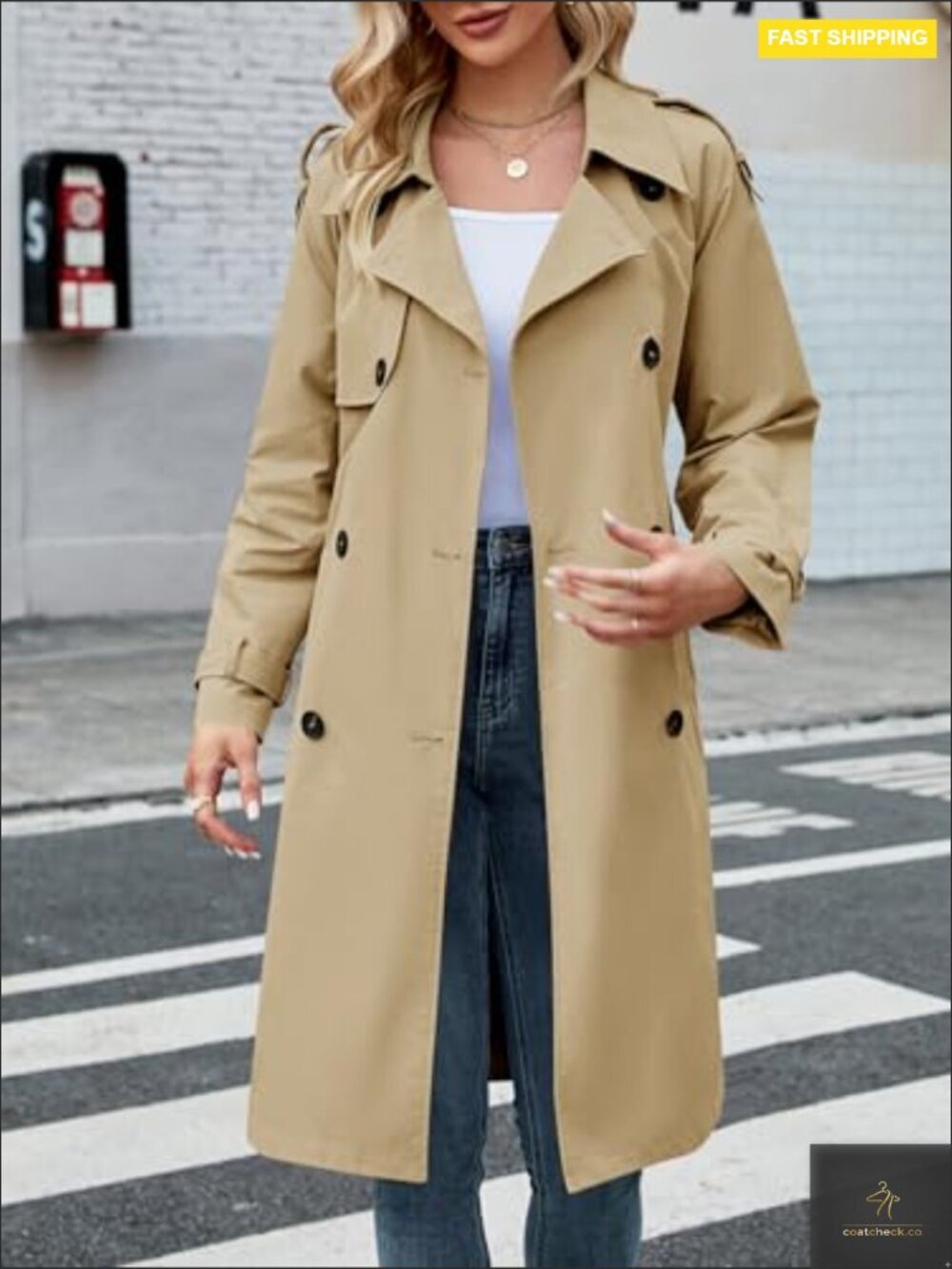Double Breasted Trench Coat Classic Lapel Slim Fit Windproof Elegant Overcoat - Picture 3 of 7